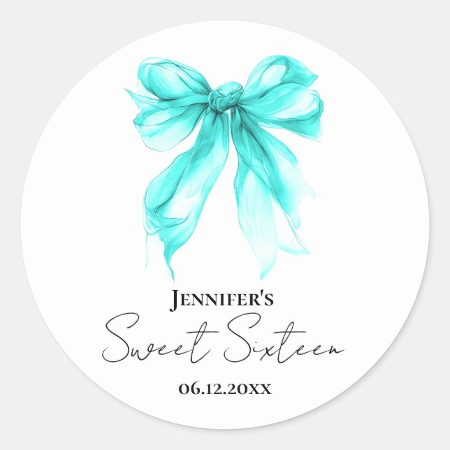 Sticker Rond Turquoise Bow Coquette Script Sweet 16 Party  (Devant)