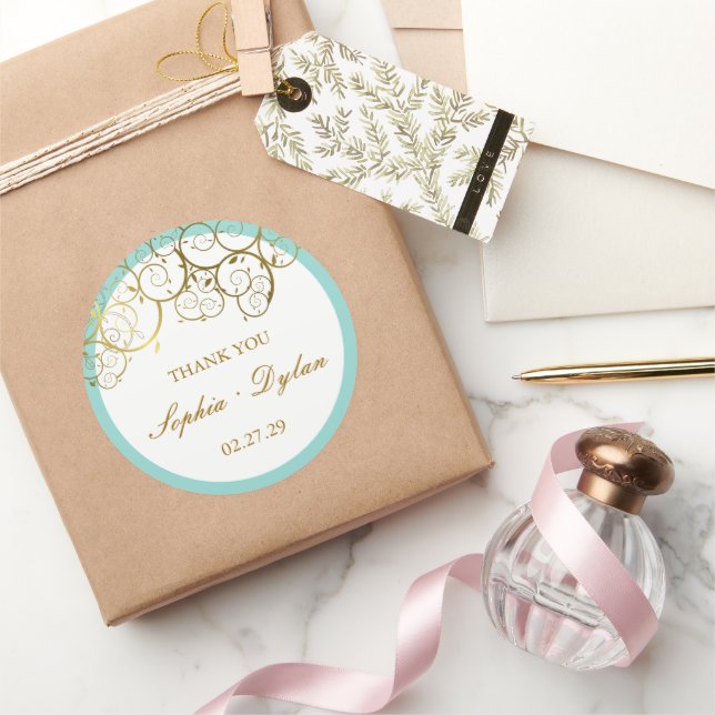 Sticker Rond Turquoise & Classy Golden Spirals Mariage élégant (Cadeaux)