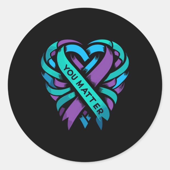 Sticker Rond Turquoise Coeur pourpre Vous Prévention du suicide (Devant)