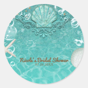 Sticker Rond Turquoise Enchanted Sea Starfish & Bubbles Party F