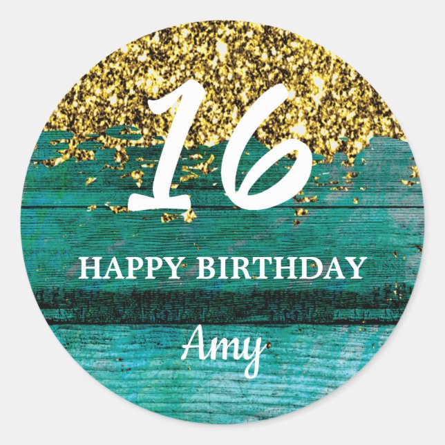 Sticker Rond Turquoise et Gold Sweet 16 Anniversaire Fête Favor (Devant)