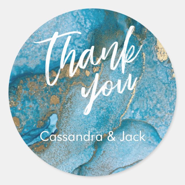 Sticker Rond Turquoise et or Liquide Art Abstrait Main Décontra (Devant)