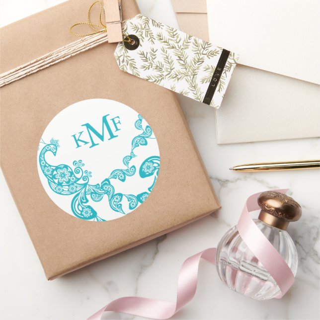 Sticker Rond Turquoise Floral Paisley Peacock Wedding Favor (Cadeaux)