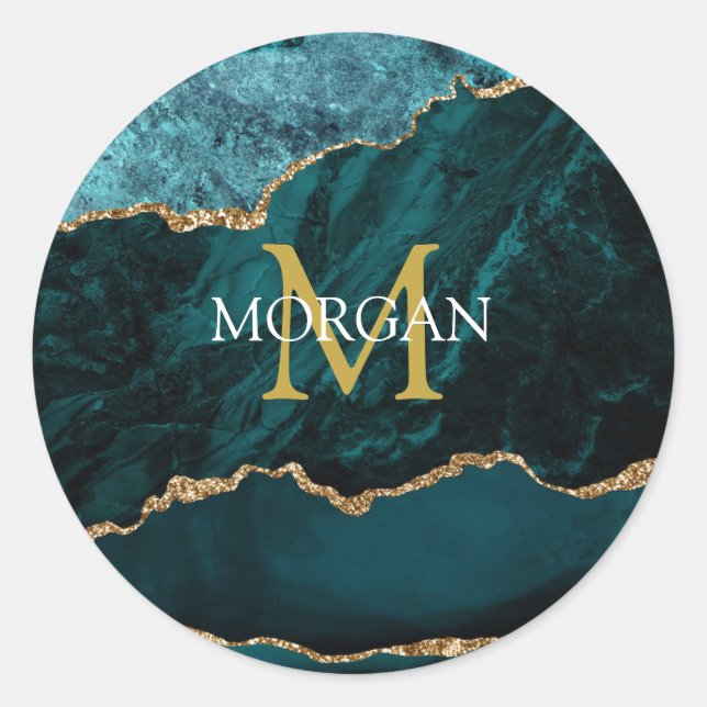 Sticker Rond Turquoise Gold Black Agate, Nom & Monogramme, Gold (Devant)