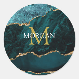 Sticker Rond Turquoise Gold Black Agate, Nom & Monogramme, Gold