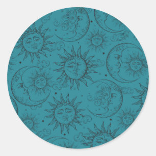 Sticker Rond Turquoise Magie Vintage Céleste Sun Moon Stars Par