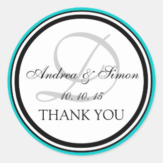 Sticker Rond Turquoise noir Monogramme D Mariage Merci