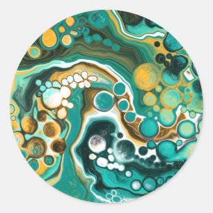Sticker Rond Turquoise, Or, Marbre Fluide Art