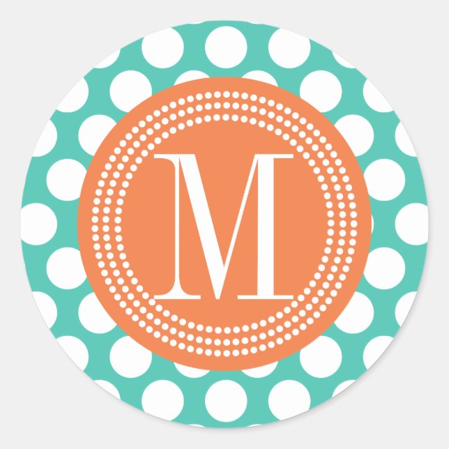 Sticker Rond Turquoise & Orange | Gros Pois Monogrammé (Devant)