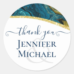Sticker Rond Turquoise Peacock Blue Gold Agate Mariage