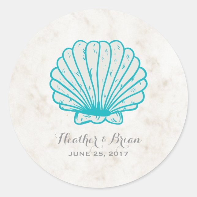 Sticker Rond Turquoise Rustic Seashell Mariage (Devant)