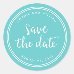 Sticker Rond Turquoise Script et Rayures Blanches Sauvegarder l