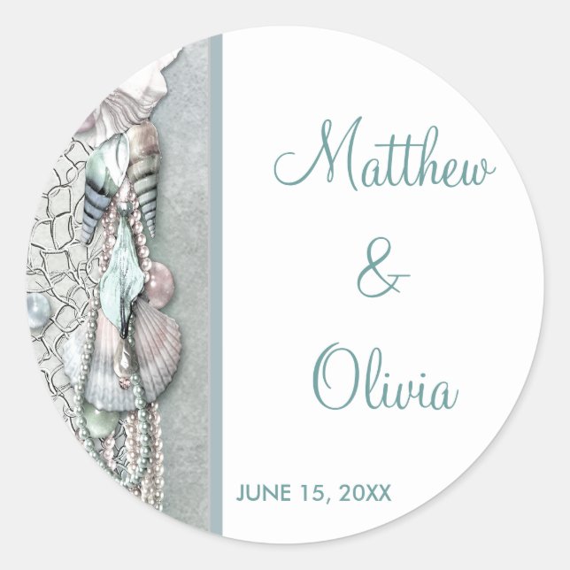 Sticker Rond Turquoise Seashells Pearl Beach Mariage Favoriser  (Devant)