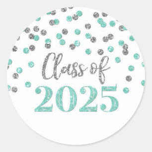 Sticker Rond Turquoise Silver Confetti Graduation 2025