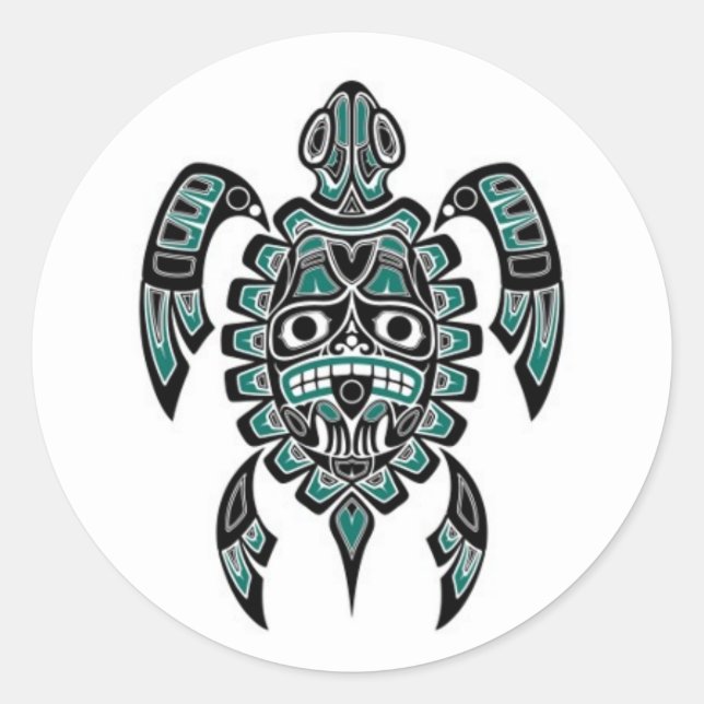 Sticker Rond Turquoise Tortue bleue et noire Haida Spirit (Devant)