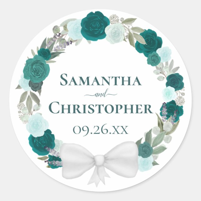 Sticker Rond Turquoise Turquoise & Aqua Roses Floral Wreath Mar (Devant)
