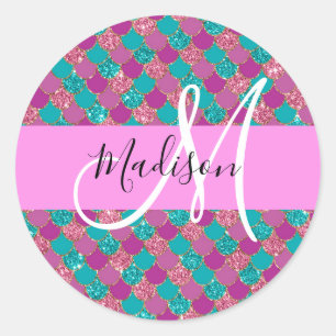 Sticker Rond Turquoise Violet Sirène Paillettes Monogramme