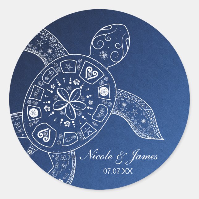 Sticker Rond Turtle de la mer d'Hawaii blanc sur Blue Beach Mar (Devant)