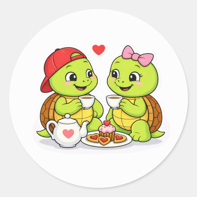 Sticker Rond Turtle tea time with love (Devant)