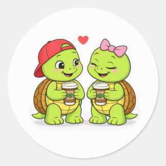 Sticker Rond Turtles sharing coffee and smiles