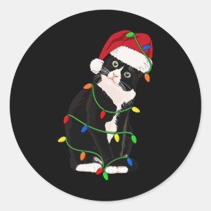 Sticker Rond Tuxedo Cat Meow Père Noël Tuxie Feux d'arbre de No