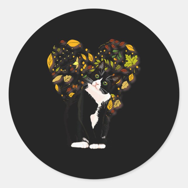 Sticker Rond Tuxedo Cat T Shirt Gift Autumn Fall Leaves Black A (Devant)