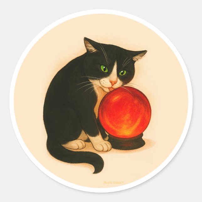 Sticker Rond Tuxedo cat with red crystal ball (Devant)