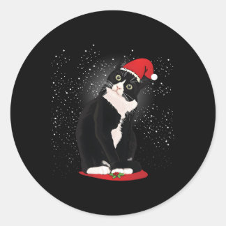 Sticker Rond Tuxedo Chat Santa Claus hiver neige
