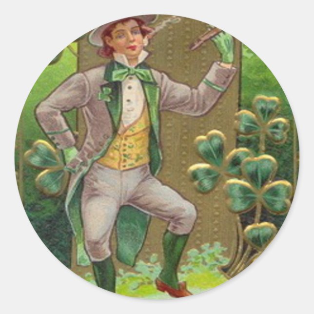 Sticker Rond Tuyau en argile Leprechaun Shamrock Shillelagh (Devant)