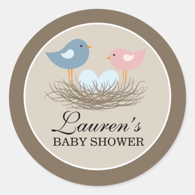 Sticker Rond Twin Boy Baby Bird's Nest Baby shower (Devant)
