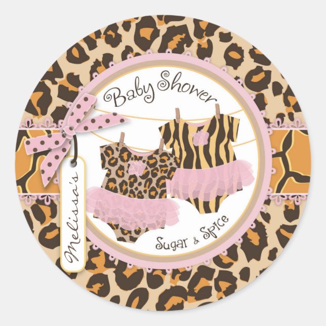 Sticker Rond Twin Girls Tutus Cheetah Imprimer Baby shower Étiq (Devant)