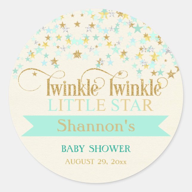 Sticker Rond Twinkle Little Star Baby shower Mint Green & Gold (Devant)