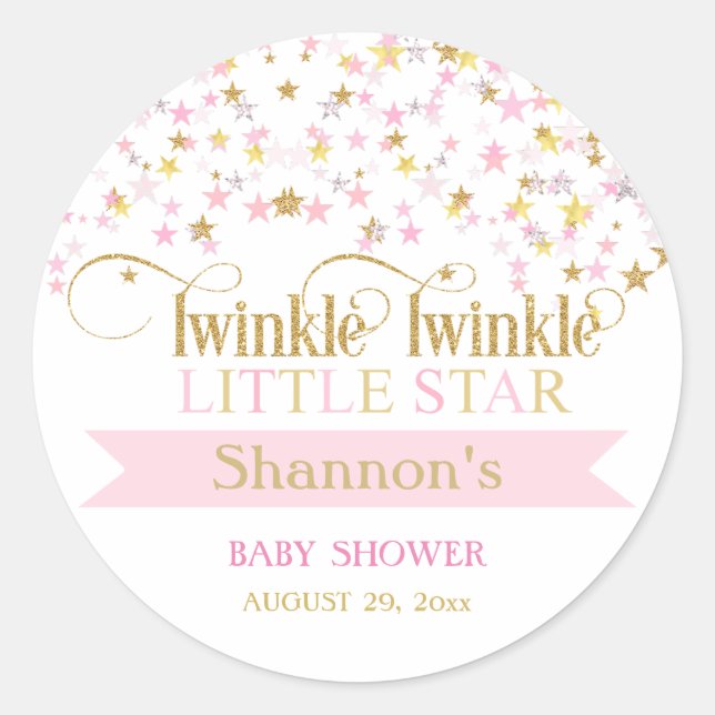 Sticker Rond Twinkle Little Star Baby shower rose or (Devant)