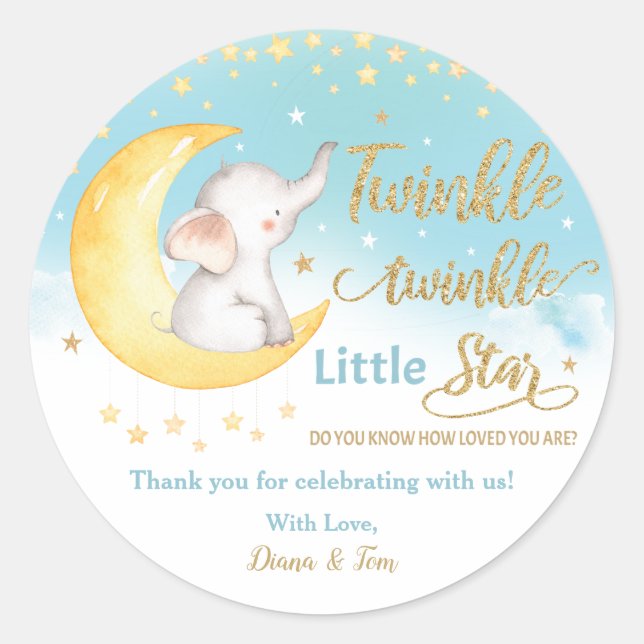 Sticker Rond Twinkle Little Star Elephant Blue Boy Favoriser Me (Devant)