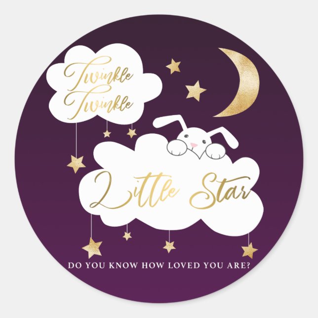 Sticker Rond Twinkle Little Star Purple Bunny Baby shower Favor (Devant)