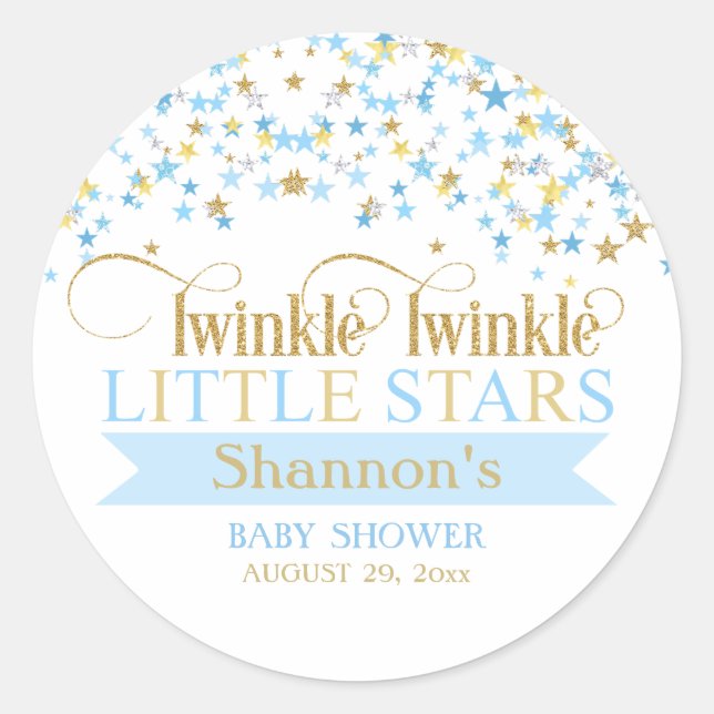 Sticker Rond Twinkle Little Stars Twins Baby shower Blue & Gold (Devant)