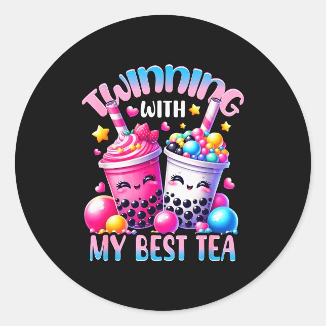 Sticker Rond Twinning With My Tea Bubble Tea Boba Ie Friendship (Devant)