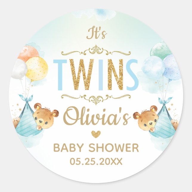 Sticker Rond Twins Baby Boys mignons Bears Balloons Baby shower (Devant)
