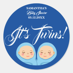 Sticker Rond Twins Boys Baby shower Party Blue. Serviettes de t