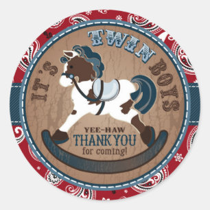 Sticker Rond Twins Cowboy Rocking Horse Baby shower occidental