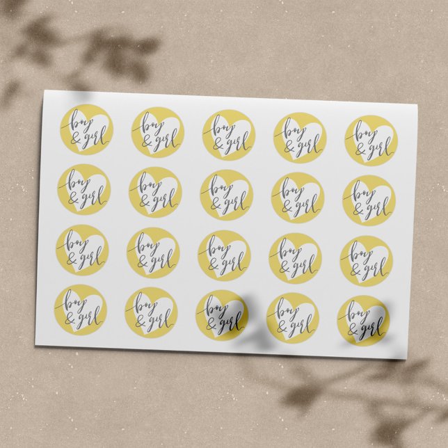 Sticker Rond Twins "Garçon et fille" Grey Jaune Coeur Blanc (Créateur téléchargé)