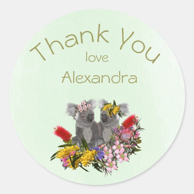 Sticker Rond Twins Merci Fleur sauvage vert Koala (Devant)