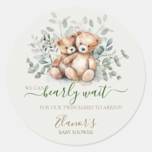 Sticker Rond Twins Teddy Bear Greenery Boho Neutral Baby shower