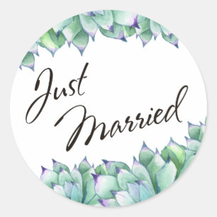 Sticker Rond Typographie « Juste Mariés » avec succulentes aqua