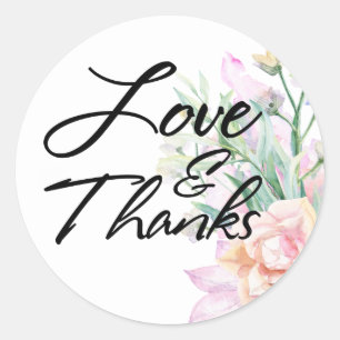 Sticker Rond Typographie Love & Thanks, Fleurs aquarelles Boho