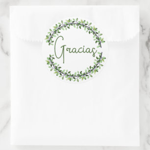 Sticker Rond Typographie Merci Gracias Vert foncé Wreath