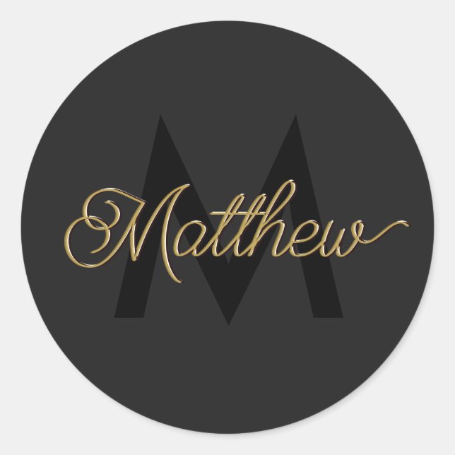 Sticker Rond Typographie noir et or Ajouter Nom et Monogramme M (Devant)