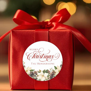 Sticker Rond Typographie rouge Noël Poinsettia blanc
