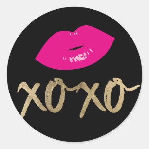 Sticker Rond Typographie XOXO Or Hot Rose Lièvres Noir moderne