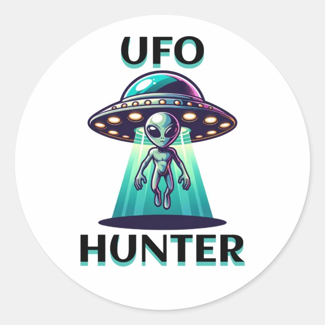 Sticker Rond UFO Hunter | Ai Art avec UFO et Alien (Devant)